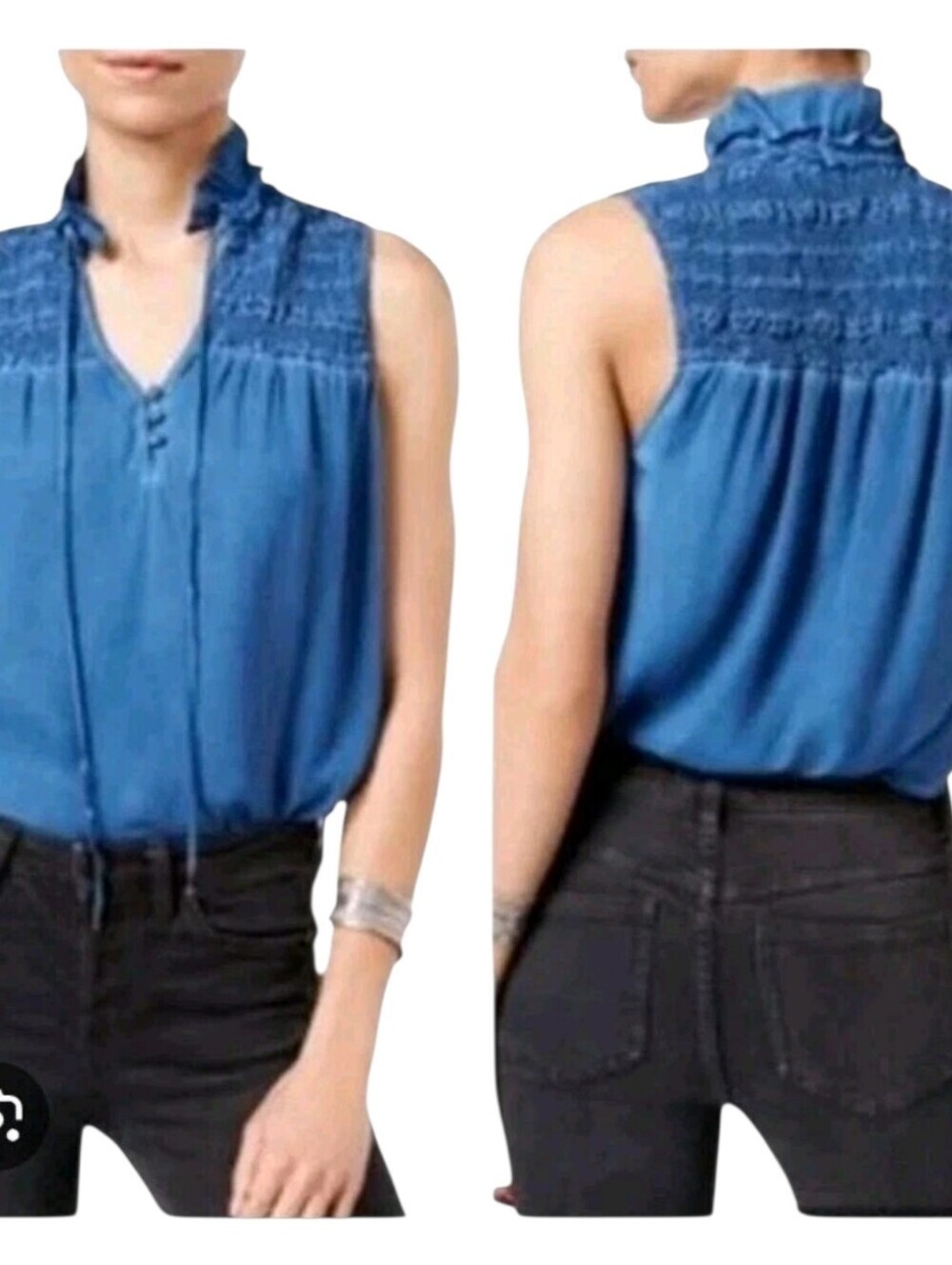 Free People Womens Blue Smocked Sleeveless Ruffle Me Up Blouse Size XS